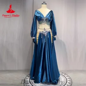 Belly Dance Costume Suit Women's Customized Diamond Long Sleeved Tops Satin Split Long Skirt Oriental Dance Performance Costumes