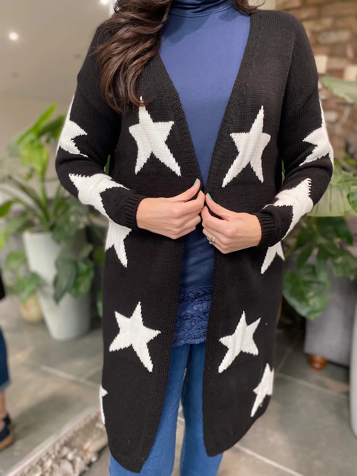 Black Longline Star Patterned Cardigan Dove