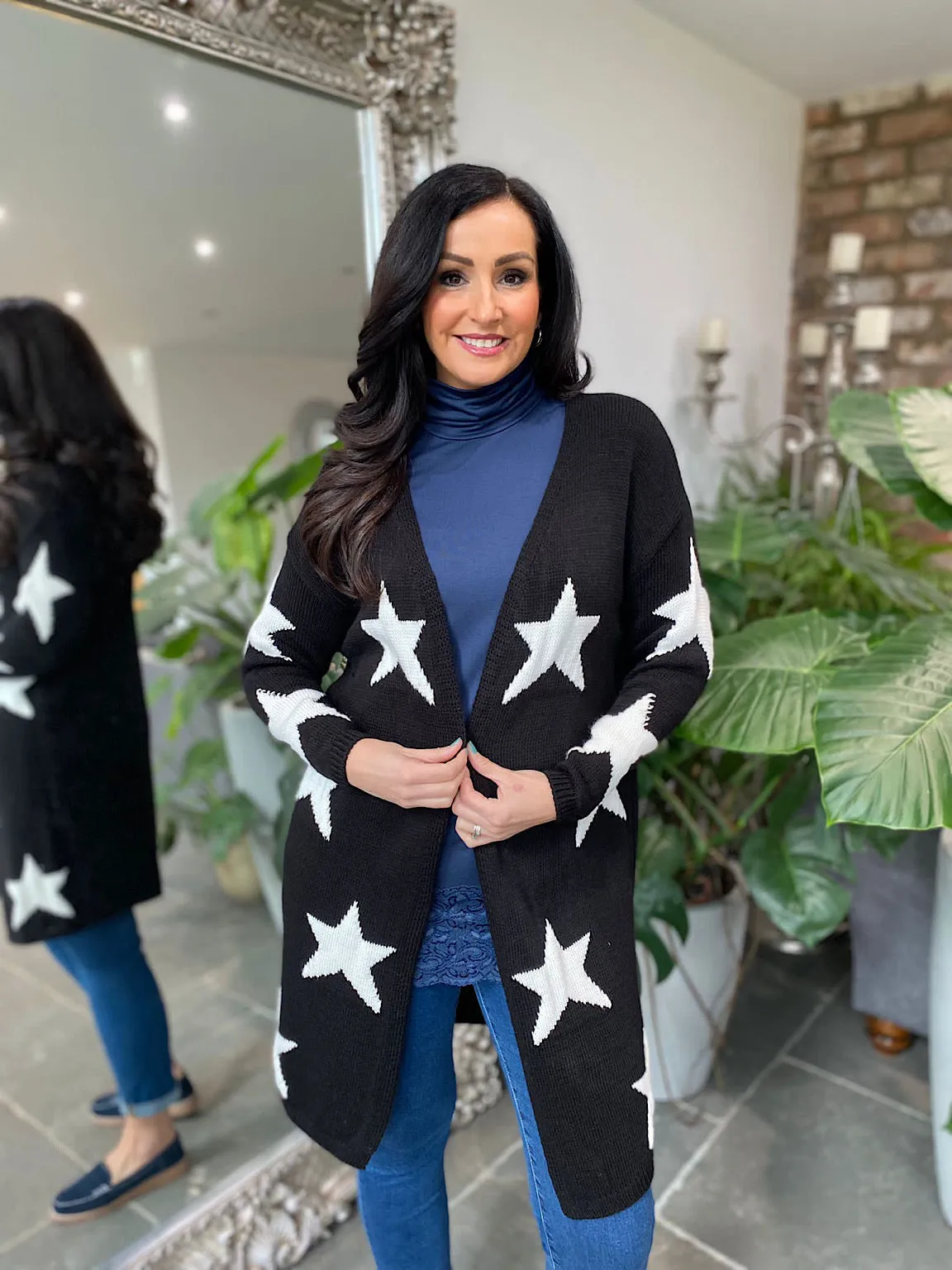 Black Longline Star Patterned Cardigan Dove