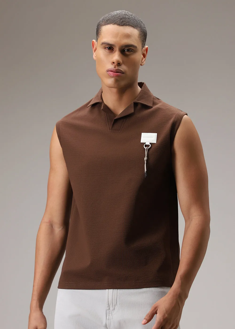 Brown Ribbed Polo Tank