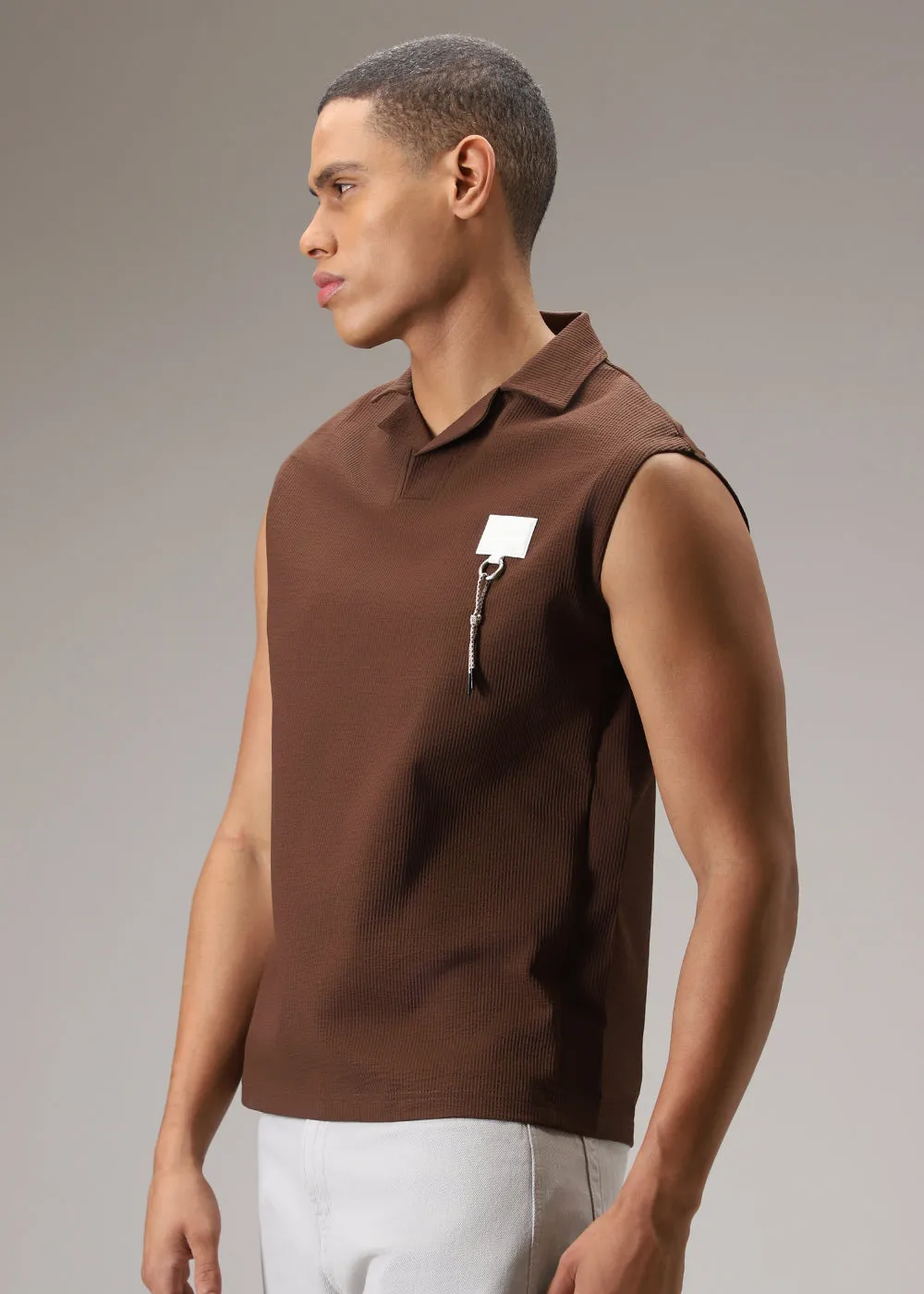 Brown Ribbed Polo Tank