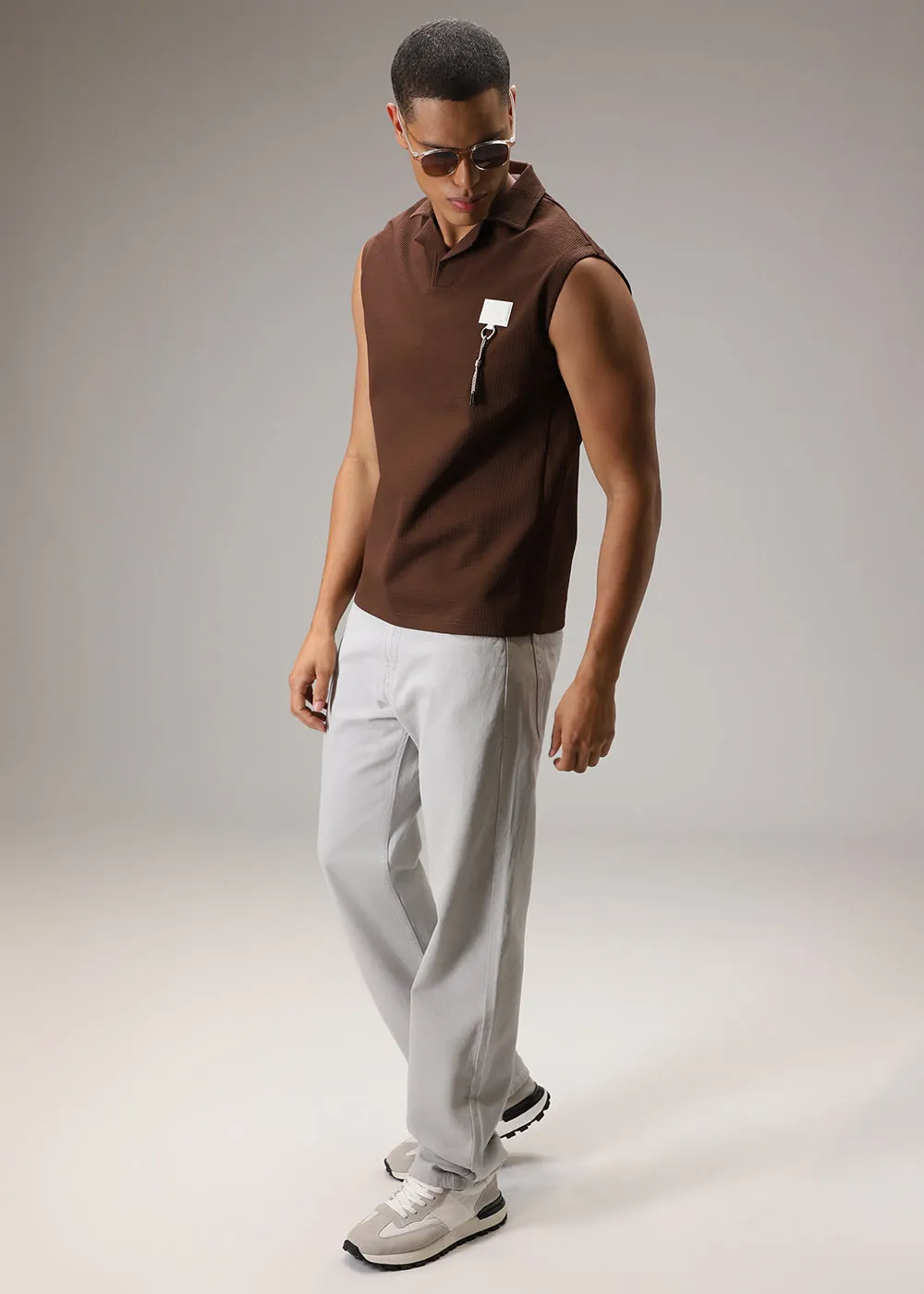 Brown Ribbed Polo Tank