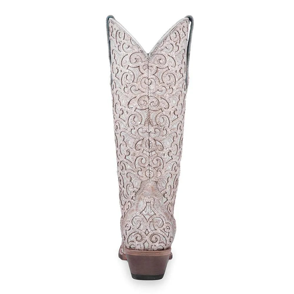 Corral Overlay Snip Toe Western White Glitter Boots