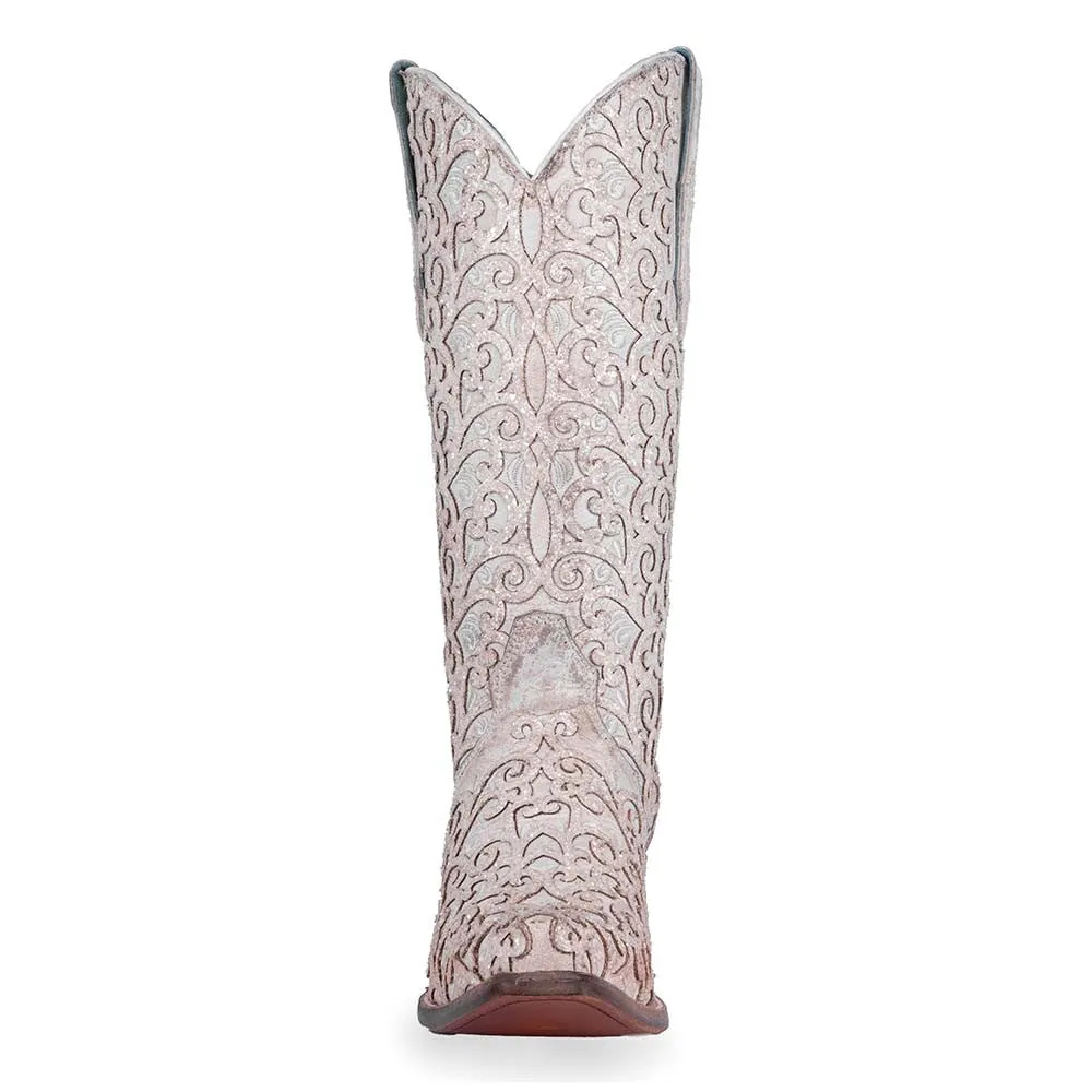 Corral Overlay Snip Toe Western White Glitter Boots