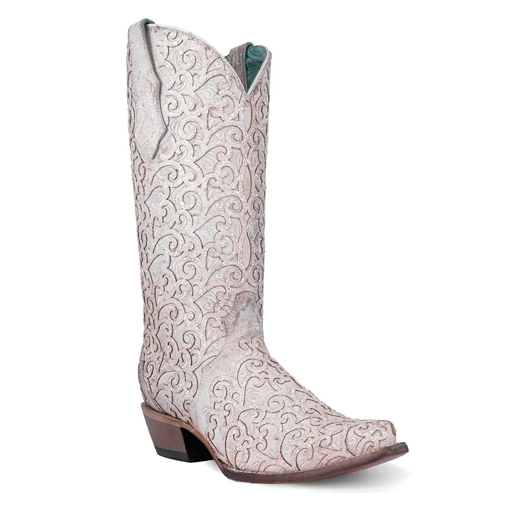 Corral Overlay Snip Toe Western White Glitter Boots