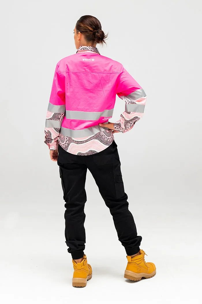 (Custom) Boobie Sista High Vis Pink 100% Cotton Drill Women's Long Sleeve Work Shirt