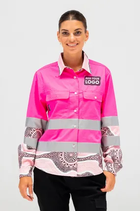 (Custom) Boobie Sista High Vis Pink 100% Cotton Drill Women's Long Sleeve Work Shirt