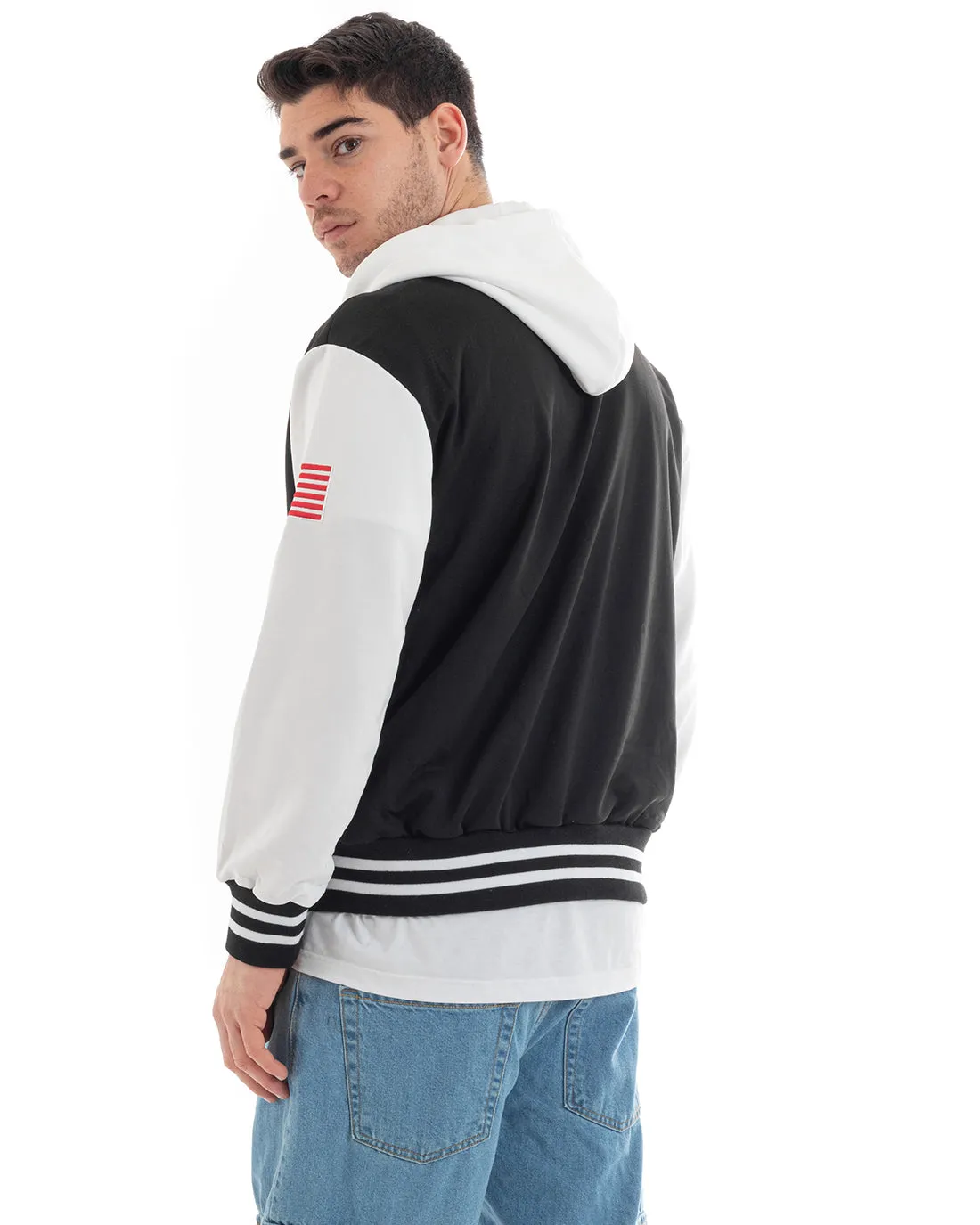 Felpa Uomo Giubbotto College Varsity Stampa Bicolore Cappuccio Nero Bianco GIOSAL-F2968A