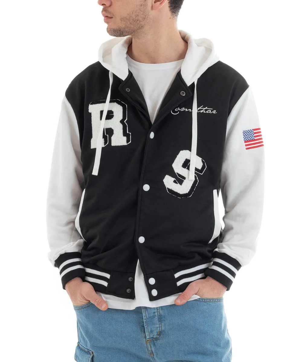 Felpa Uomo Giubbotto College Varsity Stampa Bicolore Cappuccio Nero Bianco GIOSAL-F2968A