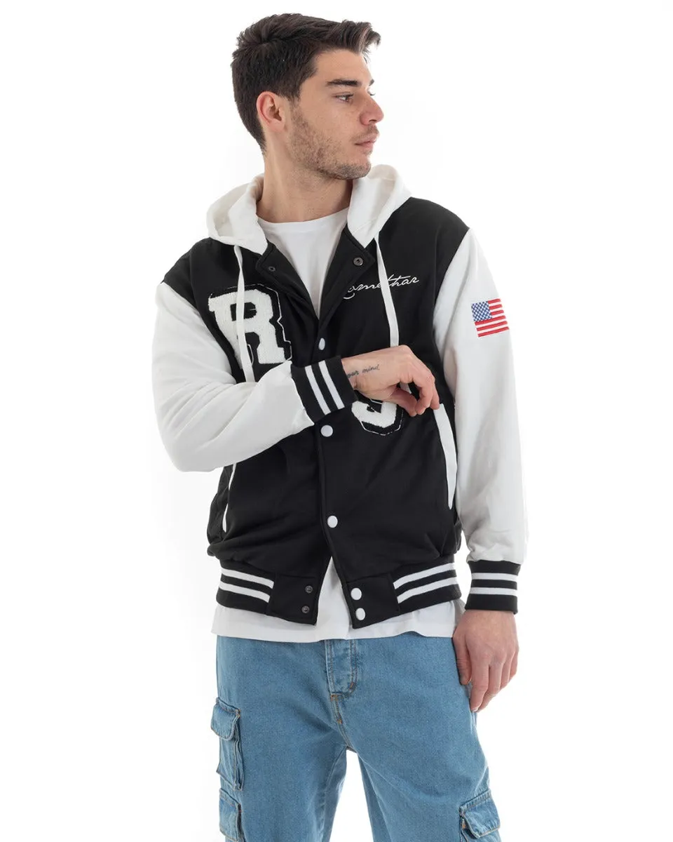 Felpa Uomo Giubbotto College Varsity Stampa Bicolore Cappuccio Nero Bianco GIOSAL-F2968A