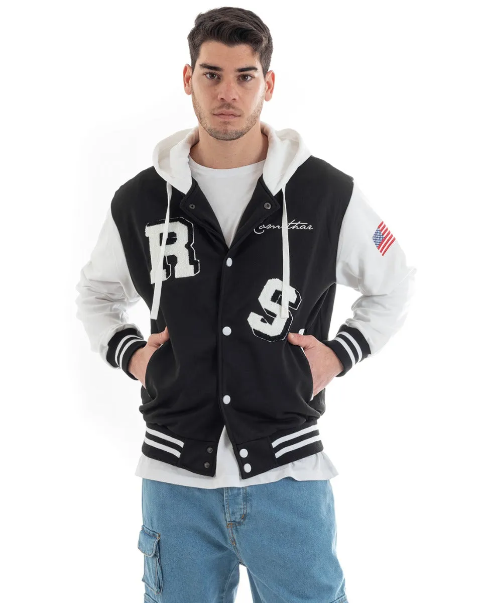 Felpa Uomo Giubbotto College Varsity Stampa Bicolore Cappuccio Nero Bianco GIOSAL-F2968A