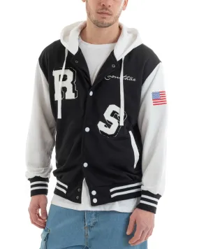 Felpa Uomo Giubbotto College Varsity Stampa Bicolore Cappuccio Nero Bianco GIOSAL-F2968A