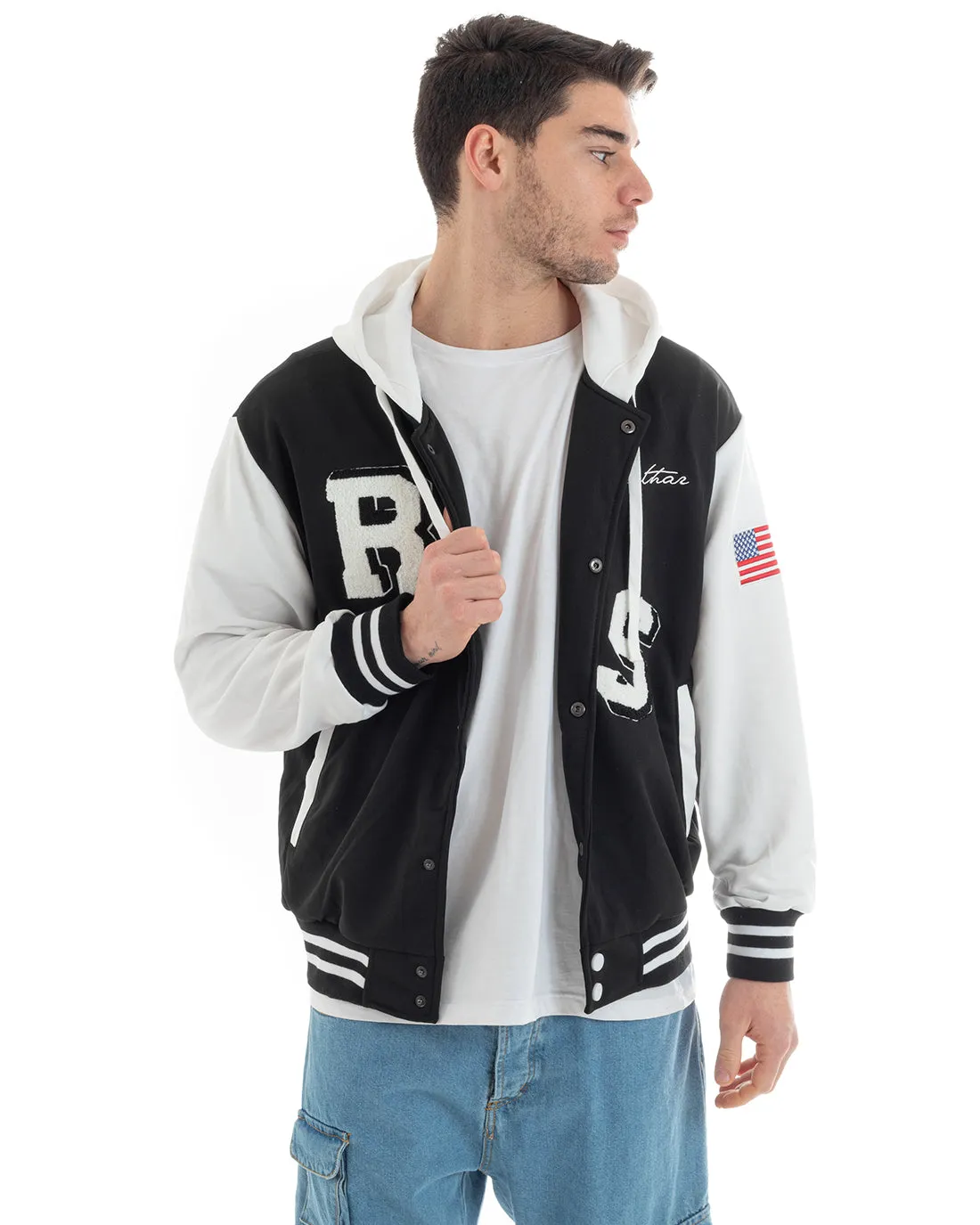 Felpa Uomo Giubbotto College Varsity Stampa Bicolore Cappuccio Nero Bianco GIOSAL-F2968A