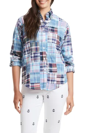 Ladies Button Down Long Sleeve Shirt Seapoint Patch Madras