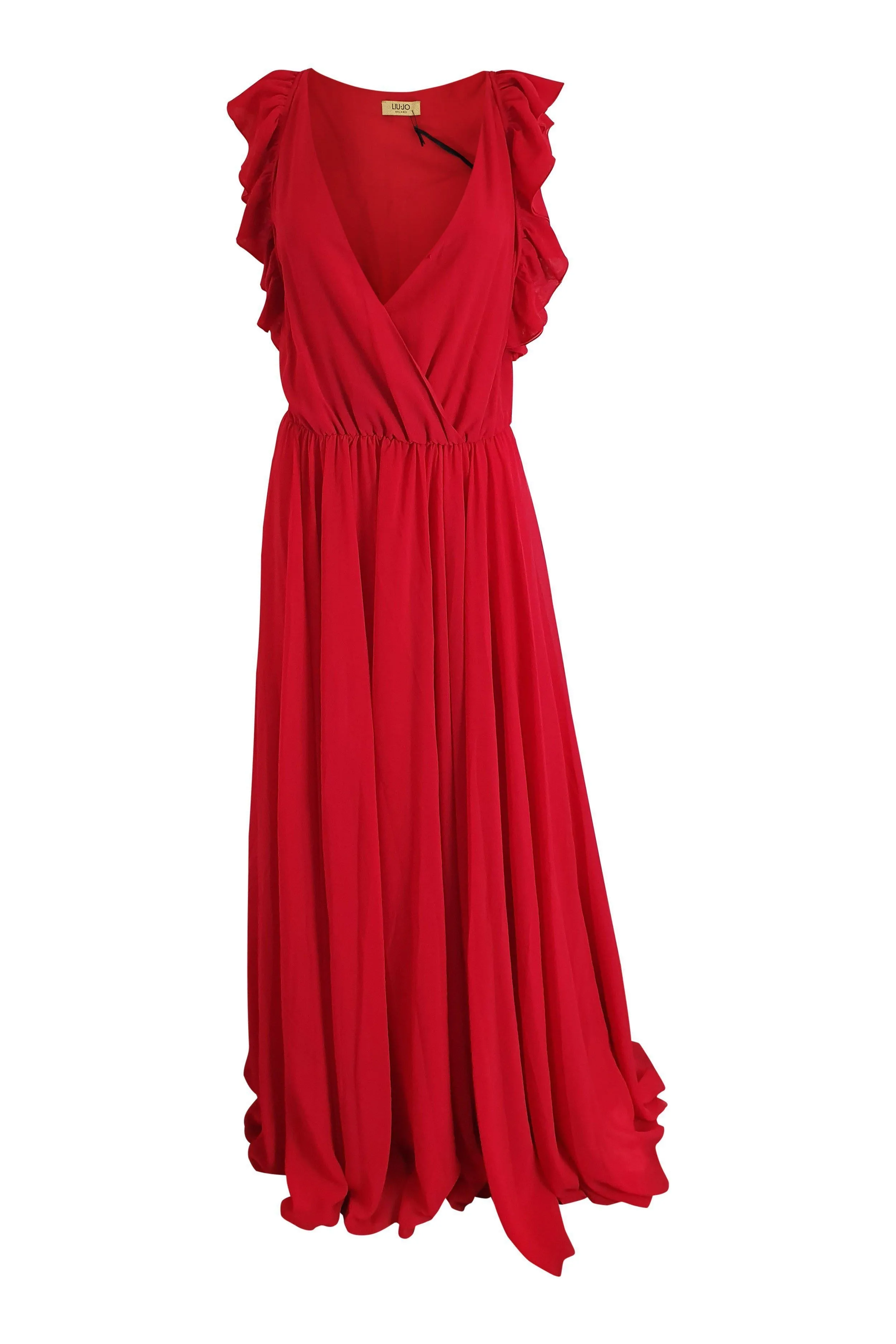 LIU JO Milano Red Ruffle Sleeved V Neck Maxi Dress (IT 42)