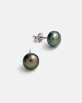 Neptune Black Iridescent Pearl Stud Earrings in White Gold