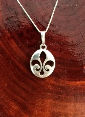 Sterling Silver Oval Fleur de Lis Necklace